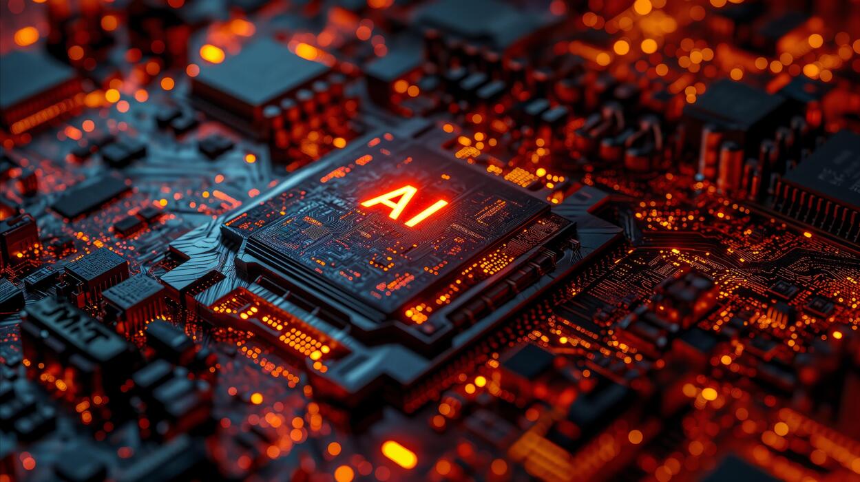 AI chipset with neon lighting at the core of the PG3 AI framework